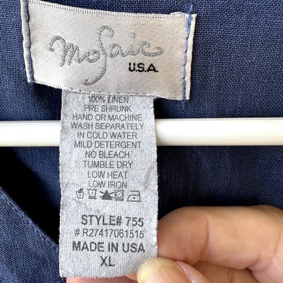 Mosaic Blue 100% Linen Lagenlook Boxy Oversized Button Top XL Made in USA - Picture 5 of 6